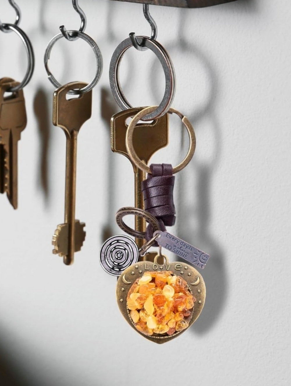 Baltic Amber Heart Bronze & Leather Keychain - Picture 5 of 5